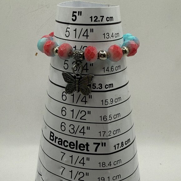 Butterfly Charm Bracelet With Pink & Blue Faceted Beads Silver Accents - Picture 3 of 3